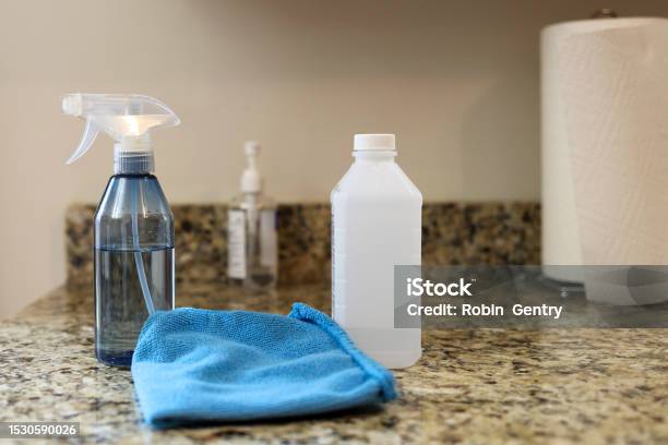 All Purpose Cleaner Disinfectant Spray Bottle With Towel Stock Photo - Download Image Now