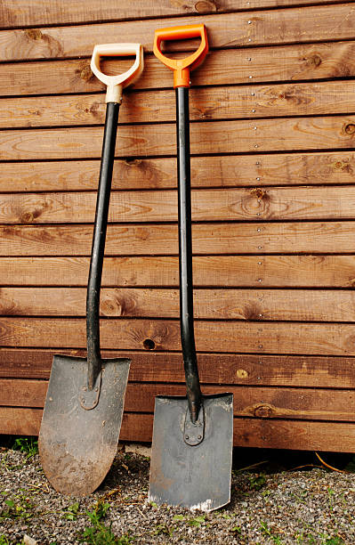 istock Two shovels against wooden wall 153060246