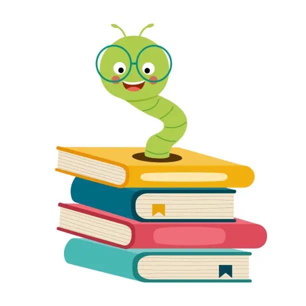 Vector illustration of Cute bookworm in book cartoon character in flat design on white background.