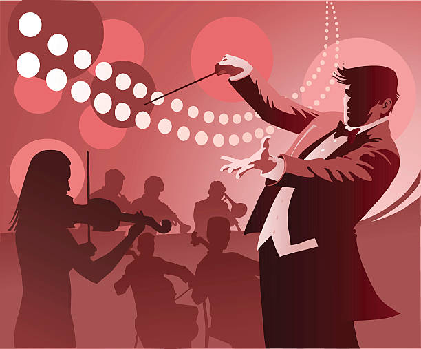 Conductor Conducting Illustration of a conductor leading an orchestra through a beautiful musical arangement. All images are placed on separate layers for easy editing. High resolution JPG and Illustrator 8 included. musical conductor stock illustrations