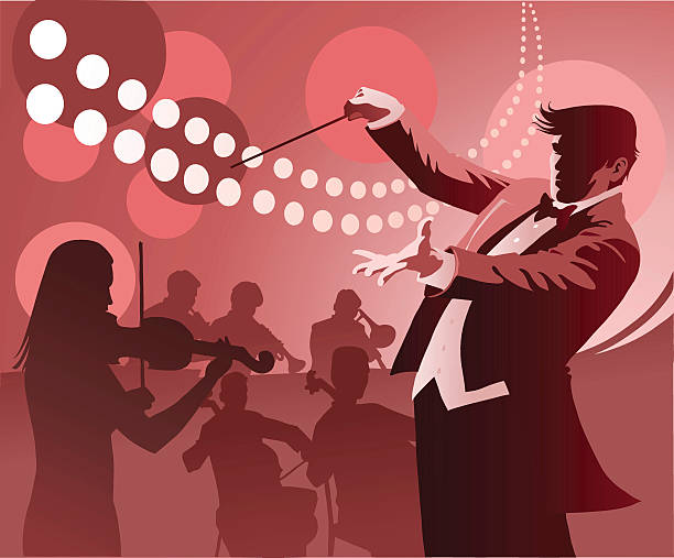 Conductor Conducting Illustration of a conductor leading an orchestra through a beautiful musical arangement. All images are placed on separate layers for easy editing. High resolution JPG and Illustrator 8 included. conductor baton stock illustrations