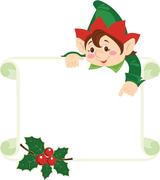 Christmas frame with elf on top pointing to the frame vector art illustration