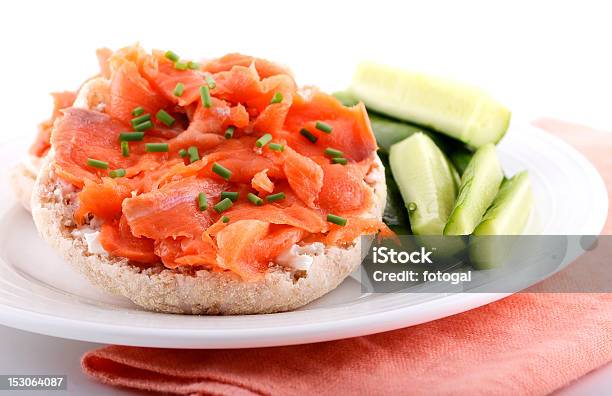 Smoked Salmon On English Muffin Stock Photo - Download Image Now - English Muffin, Whole Wheat, Salmon - Seafood