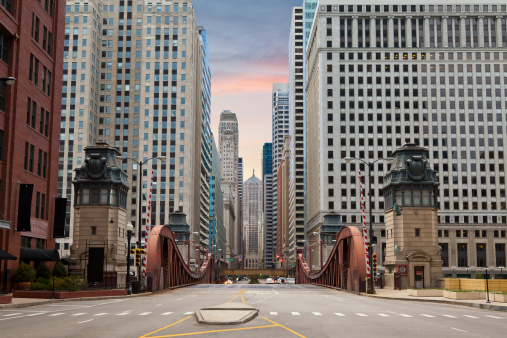 Image of La Salle street in Chicago downtown at the sunrise.