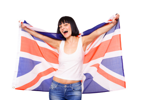 Woman with British flag isolated on white background