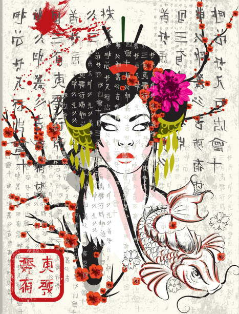 japanese art - tattoo japanese culture women asian ethnicity stock illustrations