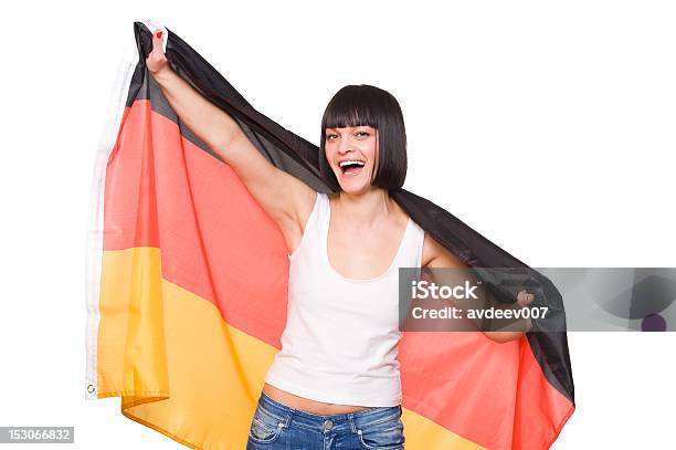 Kobieta Z Flaga Niemiec - zdjęcia stockowe i więcej obrazów 30-34 lata - 30-34 lata, 30-39 lat, Białe tło