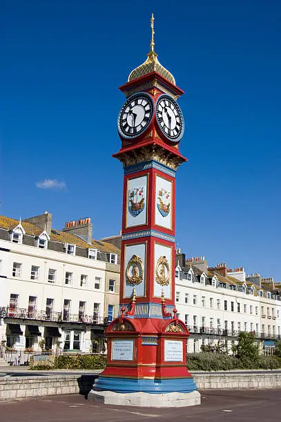 The landmark Jubilee Clock overlooking the beach at Weymouth, Dorset. Erected on the Esplanade in 1887 to mark  the 50th year of Queen Victoria's reign.