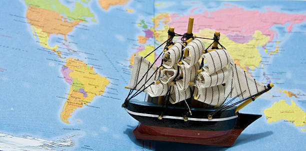 istock Sailing ship on map of world 153067402