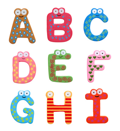 Multicolor alphabet fridge magnet letters (A-I) isolated on white background