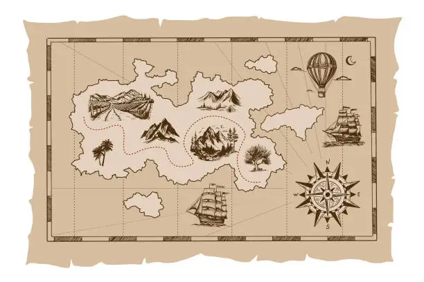 Vector illustration of Pirate old map hand drawn Illustration.