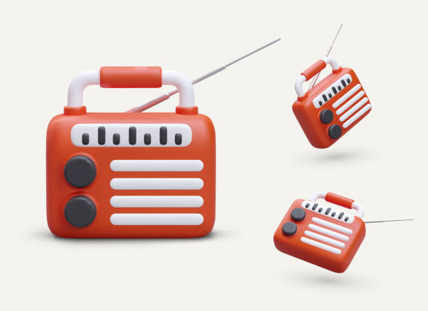 Red portable 3D radio receiver with tuning knobs and wave display Red portable 3D radio receiver with tuning knobs and wave display. Cute vector image on light background. Retro musical color equipment. World Radio Day analogue radio stock illustrations