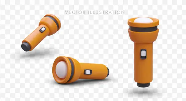 Vector illustration of Set of 3D flashlights in cartoon style. Colored hand held tourist lamps