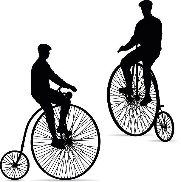 Penny Farthing Bicycle Detailed high wheel penny farthing Bicycle silhouettes. penny farthing bicycle stock illustrations
