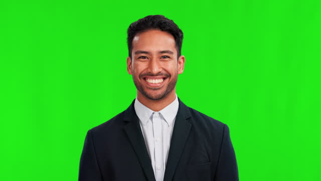 Business man, smile or laughing on green screen with happy mindset and motivation. Portrait of professional asian person in corporate clothes on studio background nodding for good review or feedback
