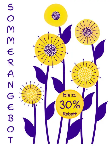 Vector illustration of Sommerangebot bis zu 30% Rabatt - text in German language - Summer offer up to 30% off. Sales banner with abstract flowers in yellow and purple.