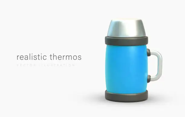 Vector illustration of 3D blue metal thermos with side handle. Thermoware for drinks
