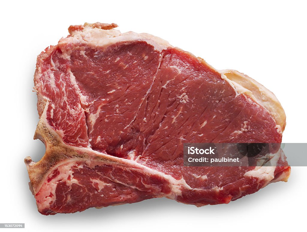T-bone cut beef isolated on white Raw t-bone or porterhouse cut meat isolated on a white background with added shadow. Clipping path into the file. Porterhouse Steak Stock Photo