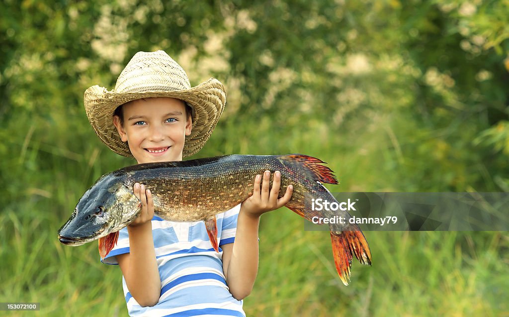 Boy holds big fish Boy holds big pike he just caught Fish Stock Photo