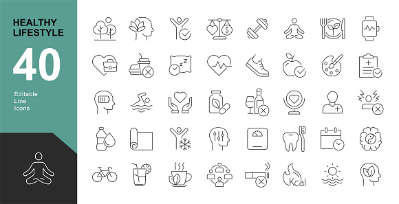 Vector illustration of modern thin line style icons of the components of a healthy lifestyle: the mode of work and rest, physical activity, and a diet.