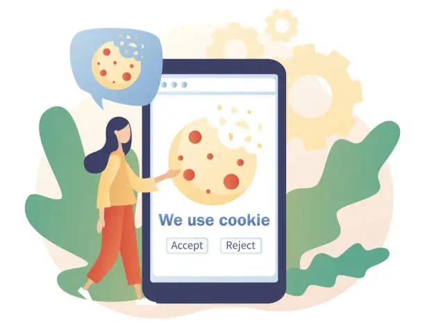 Vector illustration of We use cookies policy notification pop up in smartphone app. Confidential Information. Protection of personal information cookie. Modern flat cartoon style. Vector illustration on white background