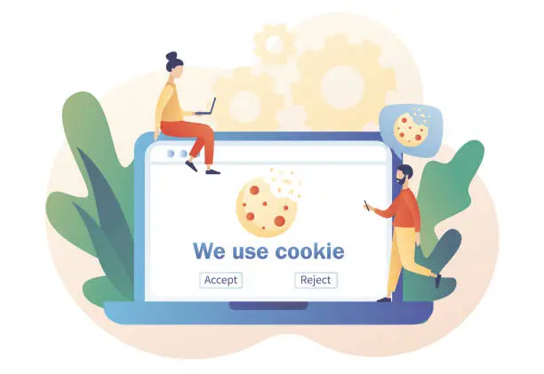 Vector illustration of We use cookies policy notification pop up on laptop screen. Confidential Information. Protection of personal information cookie. Modern flat cartoon style. Vector illustration on white background