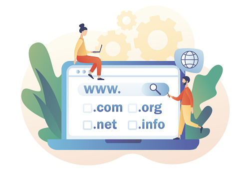 Tiny people choose, find, purchase, register website domain name on laptop. Domain registration concept. Online hosting service. Modern flat cartoon style. Vector illustration