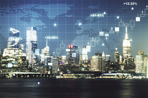 Abstract creative financial graph interface and world map on New York city skyline background, forex and investment concept. Multiexposure