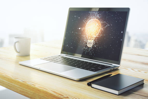Creative light bulb illustration on modern computer monitor, future technology concept. 3D Rendering