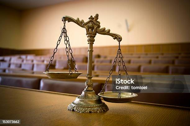 Decorative Scales Of Justice In The Courtroom Stock Photo - Download Image Now - Balance, Bronze Colored, Courthouse