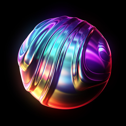 Abstract wavy sphere on black background. Modern iridescent colours