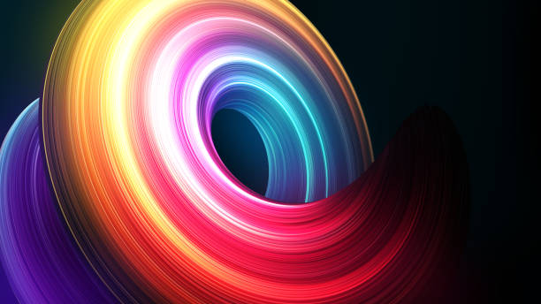 Abstract twisted light trail dynamic shape on black background. 3D render stock photo