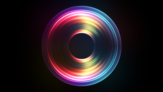 Abstract circular light trail dynamic shape on black background. 3D render