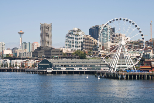 Seattle's waterfront, Space Needle and Pier 57 Ferris Wheel.