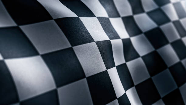 슬로우 모션의 체크 무늬 패턴 텍스처가 있는 waving racing 마무리 깃발 - motorized sport motor racing track motorcycle racing auto racing 뉴스 사진 이미지
