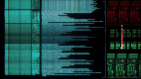 Computer code overlay GUI on black background. Digital noise and glitches design element