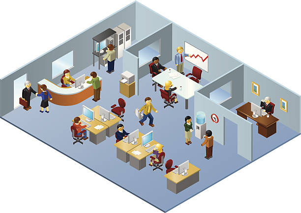 Isometric Illustration of People Working in Office Building An isometric illustration of a corporate office environment with figures posed in various business roles. corporate office cubicle stock illustrations