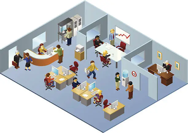 Vector illustration of Isometric Illustration of People Working in Office Building