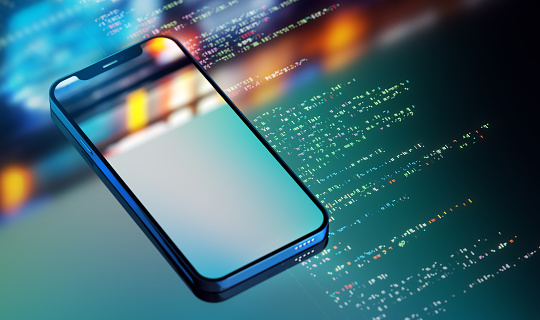 Modern smart phone with empty screen on digital background with program code. CGI 3D render