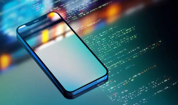 Photo of Modern smart phone with empty screen on digital background with program code. CGI 3D render
