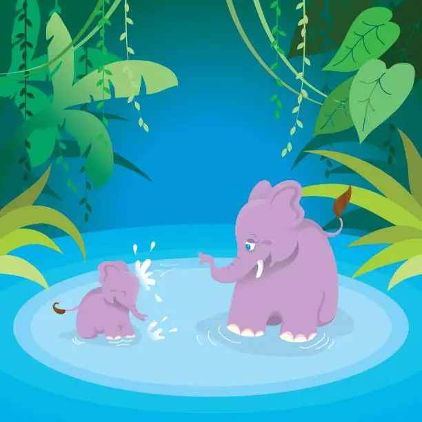 Vector illustration of Cute splashing elephants mom and baby