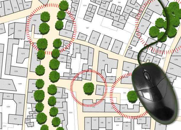 istock Census of singol, group or row trees in cities -  green management and tree mapping concept with imaginary city map with highlighted trees 1530750651