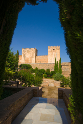 Granada, Spain - May 1, 2023: daytime panoramic view of the Alhambra (Granada, Spain).