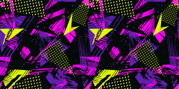 Abstract seamless grunge pattern. Urban art vector texture with neon lines, triangles, chaotic brush strokes, ink elements, dots. Colorful graffiti background. Modern sport style design, vibrant color