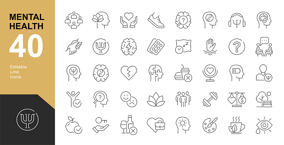 Vector illustration in modern thin line style of medical icons:  components of a healthy lifestyle and mental balance. Pictograms and infographics