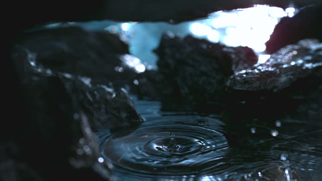 High-speed shooting, slow motion, mineral water, underground, rock holes, puddles, water droplets, ripples,