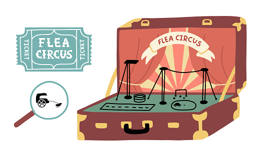 Flea circus in suitcase, ticket and magnifying glass with flea artist