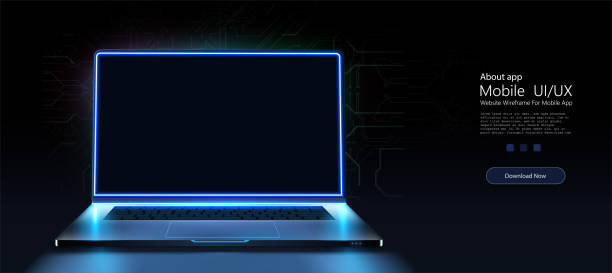 портативный неоновый компьютер с пустым экраном и письменным столом в темной комнате с синим светом - office furniture open plan desk stock illustrations