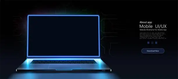 Vector illustration of A portable neon computer with a blank screen and a desk in a dark room with blue lightin