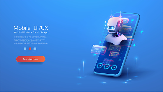 Cute neon cartoon robot. AI Content Generator. Chatbot technology, isometric.  AI chatbot based on artificial intelligence and neural networks. Artificial intelligence in science and business. Vector